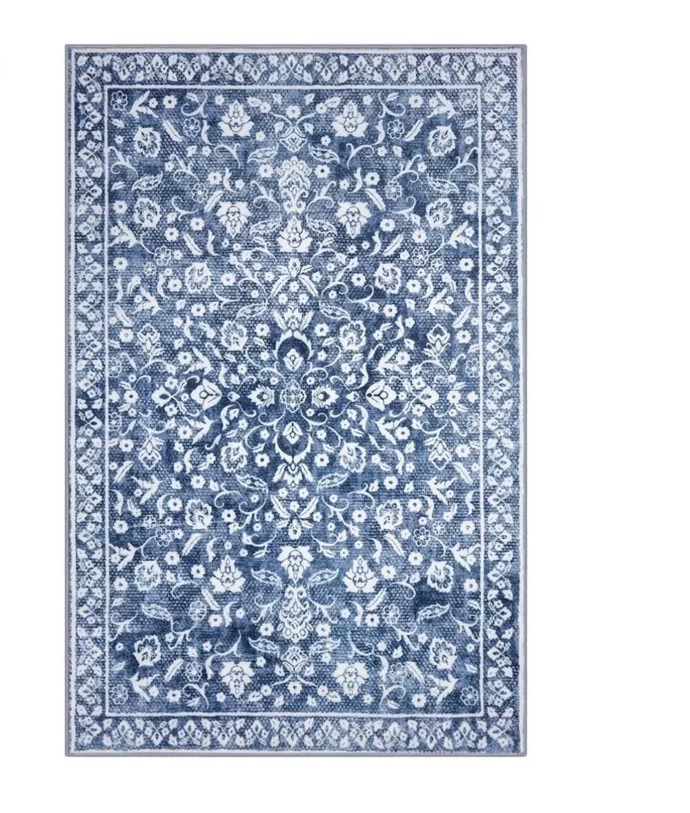 Blue White Floral Rectangle Area Rug 2x3 ft Washable, Blue/White Pattern